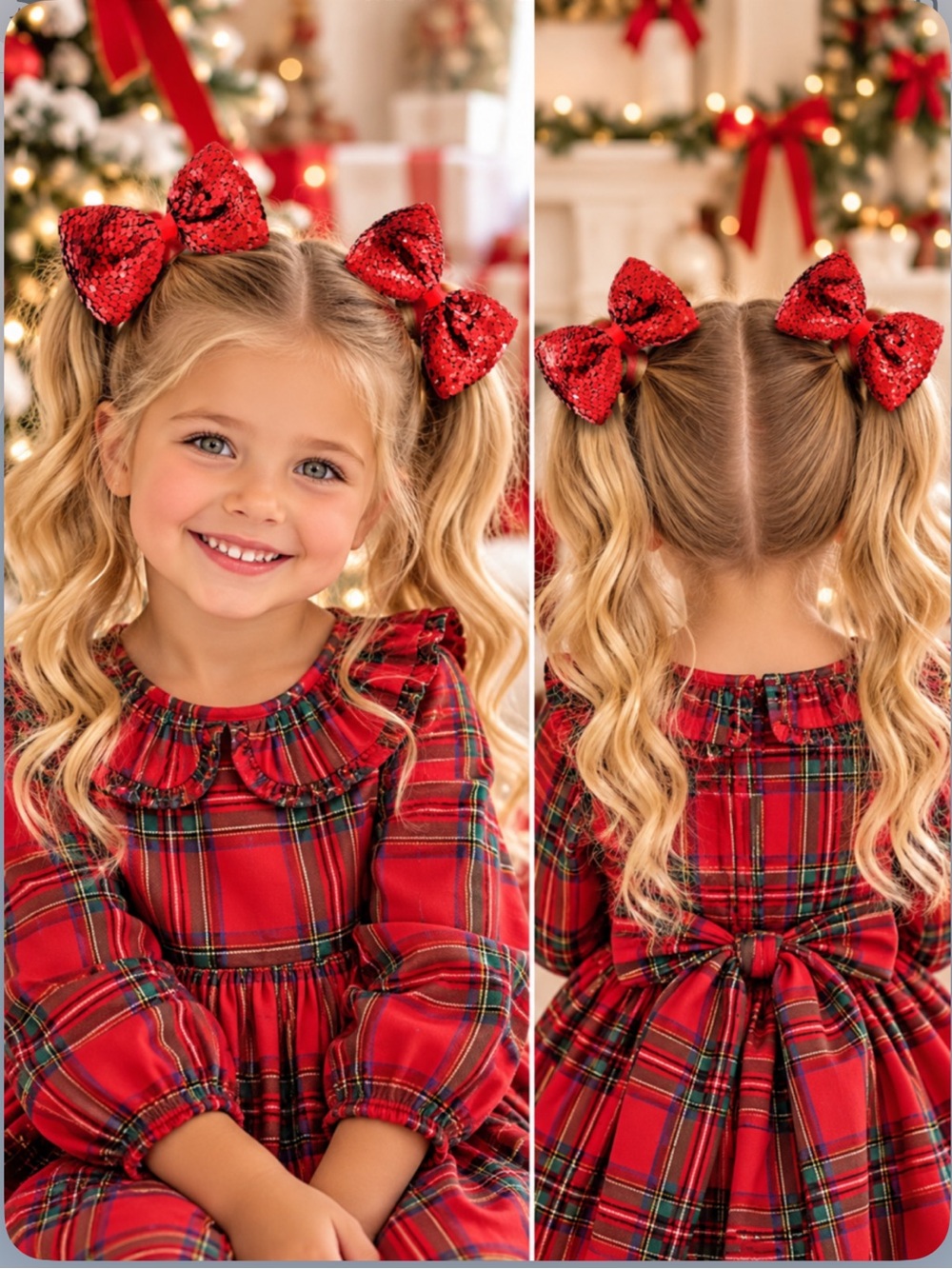 New Set of 2 x 4.5” Red Plaid Sequins Piggie Bows Christmas Holiday Festive Fun
